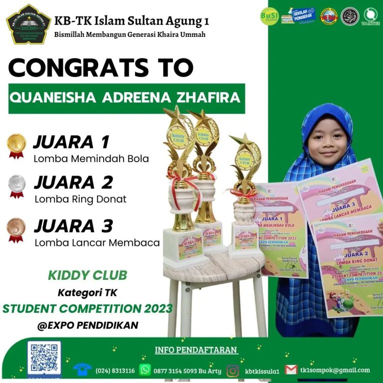 Juara 1 lomba Memindahkan Bola, Juara 2 Lomba Ring Donat dan Juara 3 Lomba Lancar Membaca Kiddy Club Kategori TK Student Competition 2023